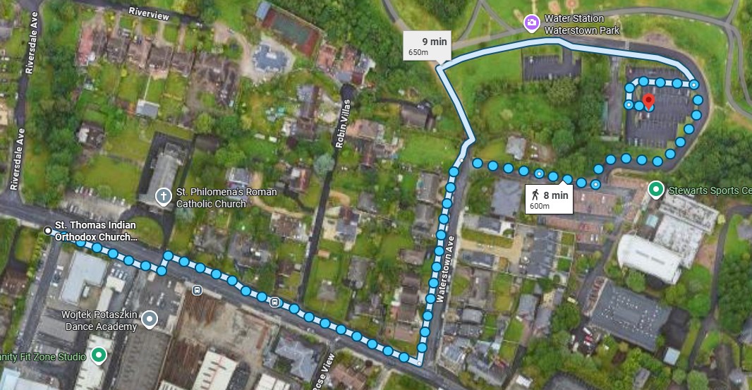 Route from St. Thomas IOC to Waterstown Park Car Park